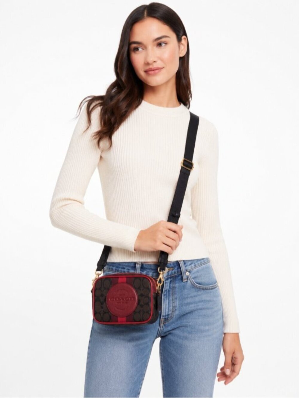 Coach Mini Dempsey Camera Bag Signature Jacquard Black Wine Multi 2635